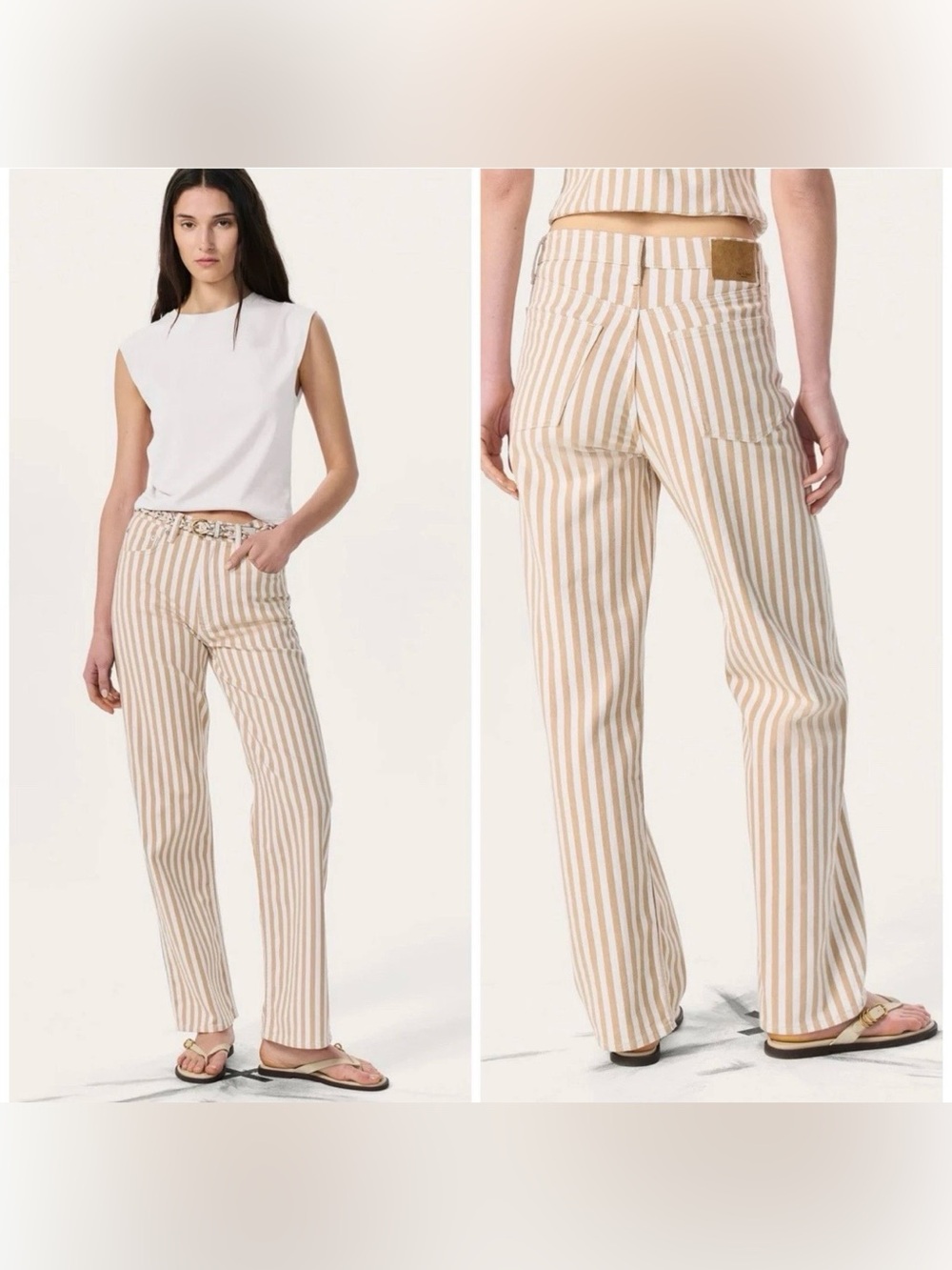 Rag & Bone $298 Shea High Rise Relaxed Straight Tan White Stripe Jeans 26